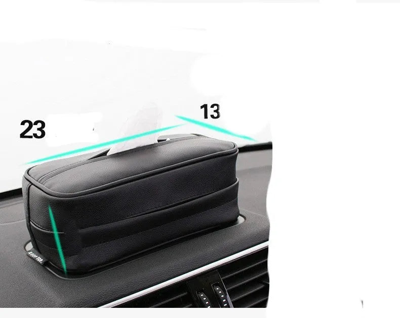 Black PU leather car hanging storage organiser bag shown with documents inside