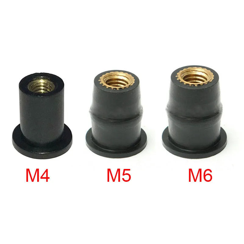 Motorcycle brass nut rubber well nut fasteners in black with M4 M5 M6 thread sizes
