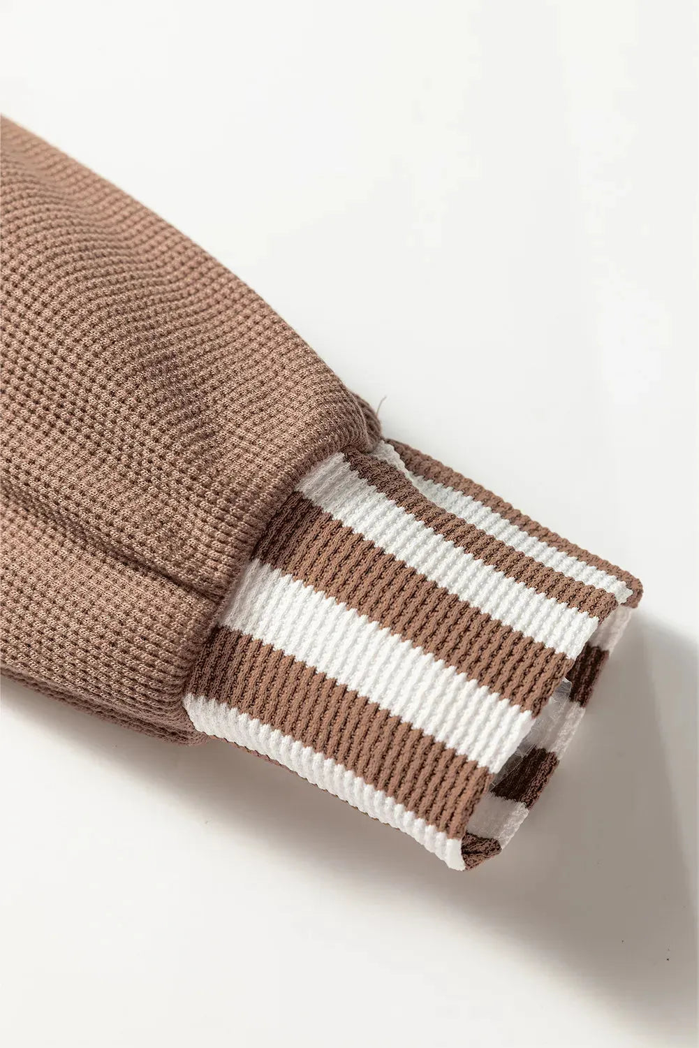 Straw yellow waffle texture striped patchwork women's hoodie with button neck and drawstring hood