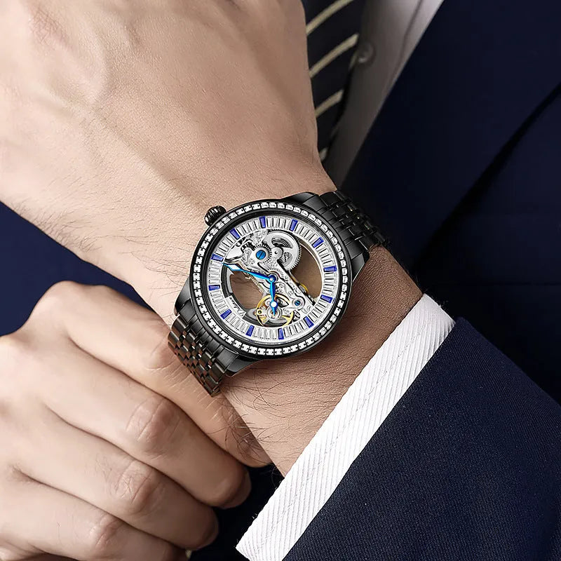 Men's mechanical watch with exhibition case back, onion crown, on a stainless steel or leather strap