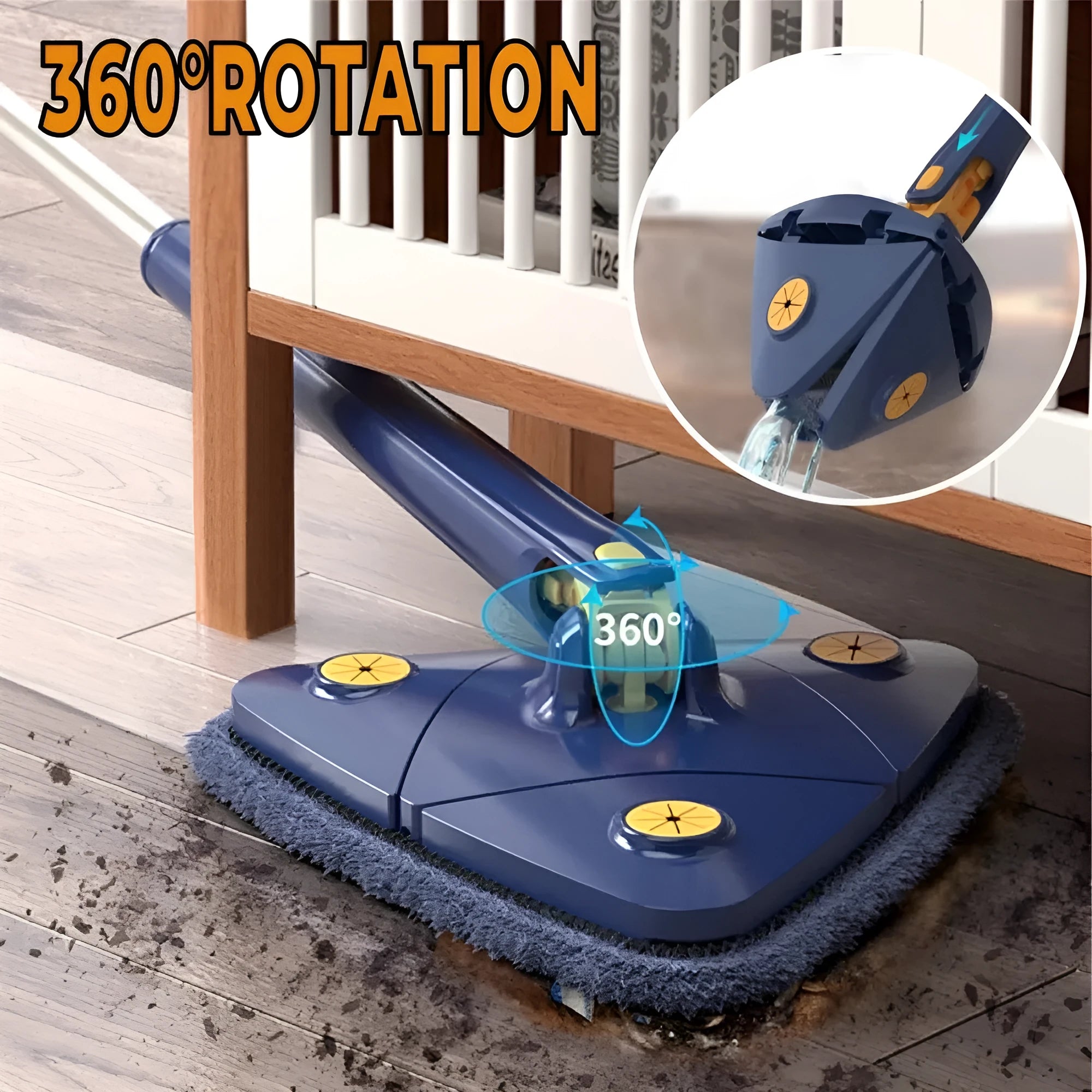 Extendable triangle mop with 360° rotating head and stainless steel pole for deep cleaning