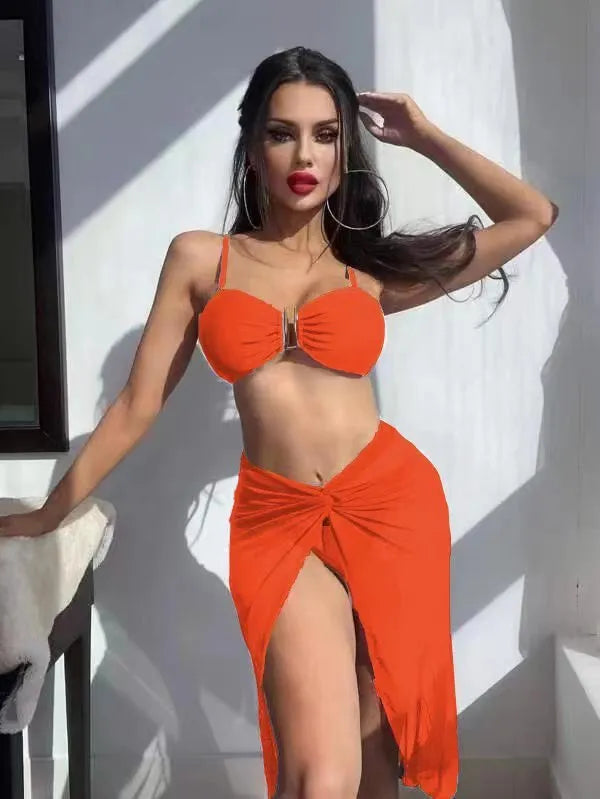 Women's French style three-piece bikini set with long culottes skirt in solid colour