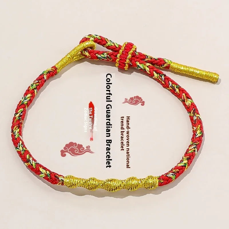 Adjustable eight-strand woven hand strap in zodiac colour theme with traditional pattern