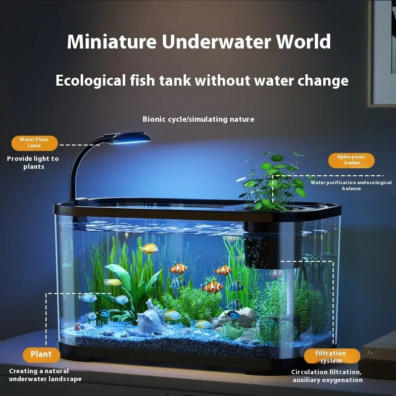 Desktop ecological landscape filter fish tank with integrated oxygenation system in luxury white colour