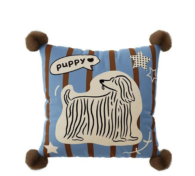 Blue cartoon animal print cushion pillow on a sofa, showing square and rectangular size options.