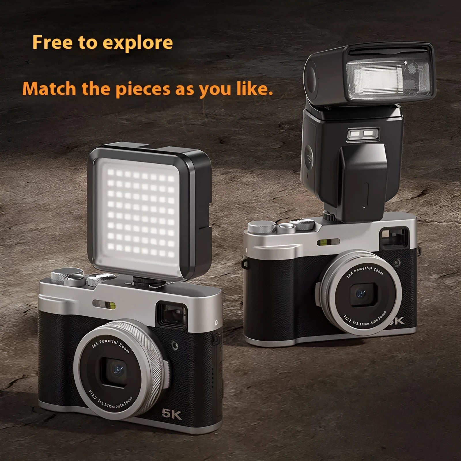 Black 5K HD digital camera with front and rear lenses and an optical viewfinder on top.