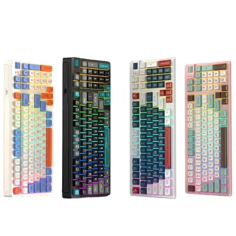 Three-colour luminous mechanical-feel USB keyboard in desktop setup showing backlighting