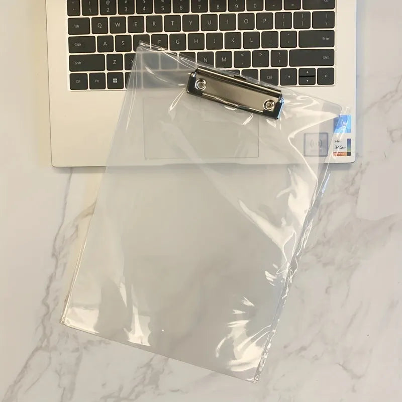 Transparent A4 plate holder with metal clip showing document visibility and colour options