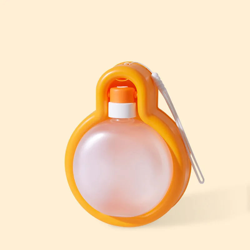 Green portable dog travel water bottle with pull-out drinking bowl, shown with size dimensions.