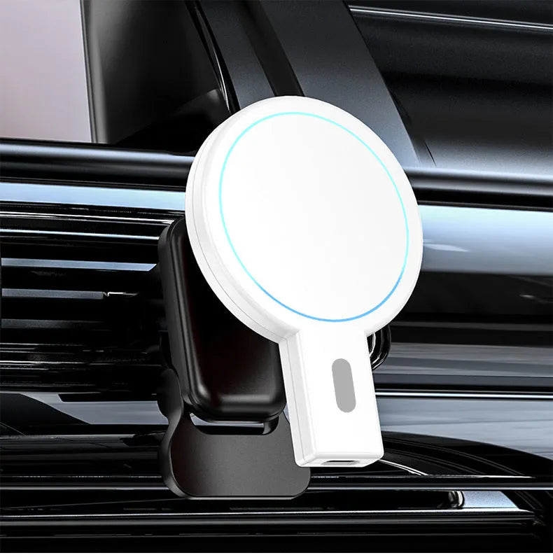 White magnetic wireless charger with USB cable on desk