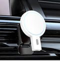 White magnetic wireless charger with USB cable on desk