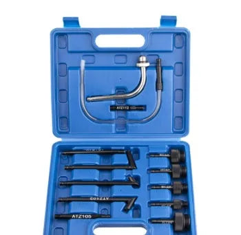 Thirteen piece automatic transmission fluid refuelling tool kit with wave box connector and pump.