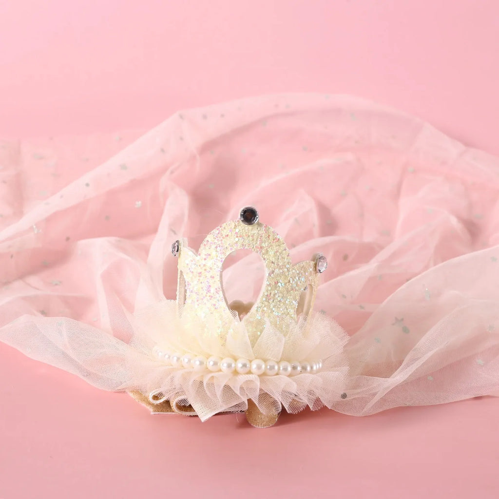 Pet cat wearing princess crown headdress with cotton polyester veil in beige colour