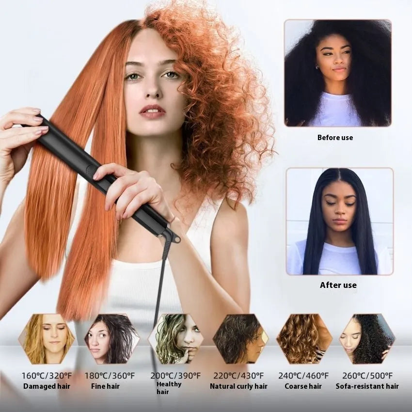 Hair straightener and curler with digital temperature display showing 207°C