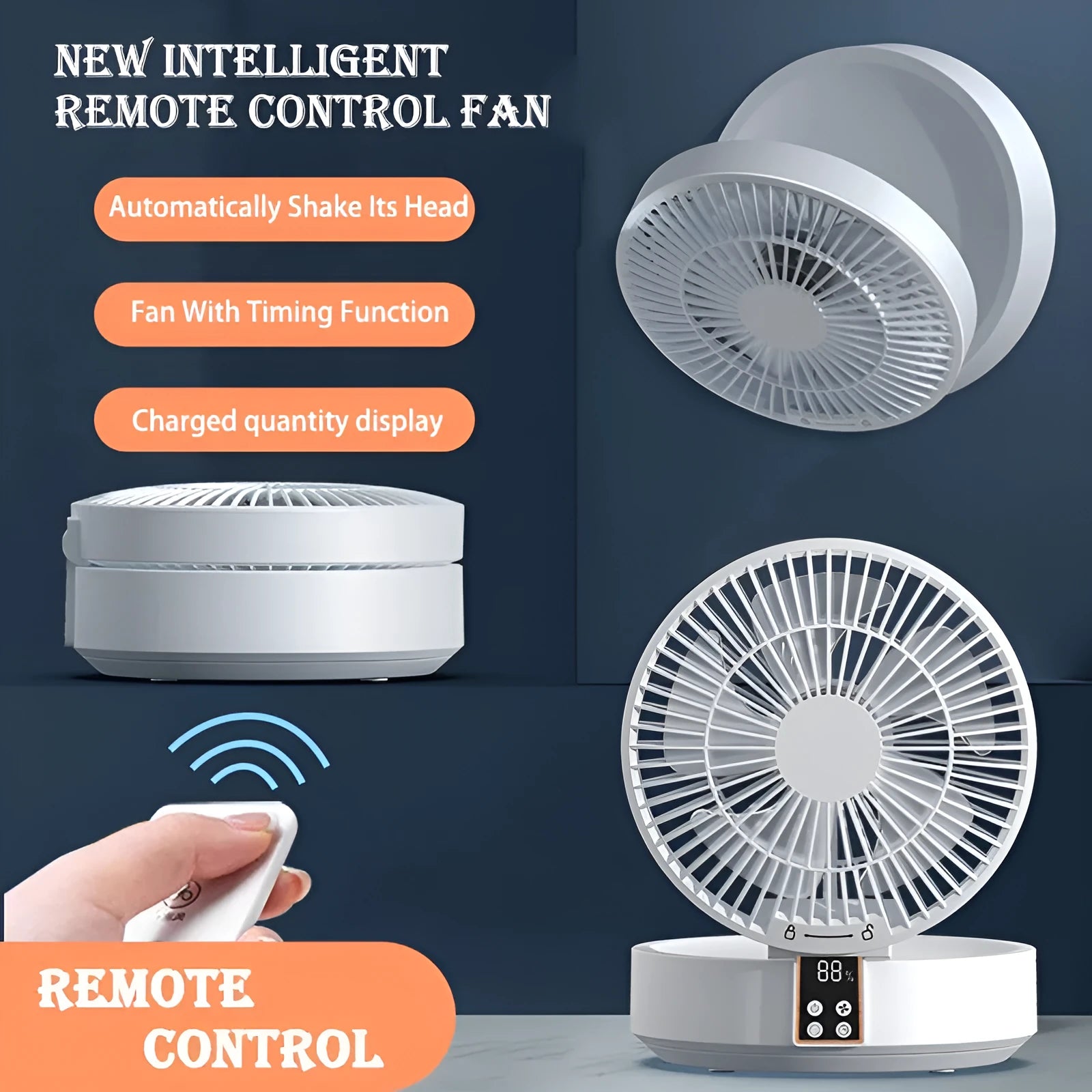 White USB rechargeable folding fan with remote control on a desk, showing 90° adjustable head and night light