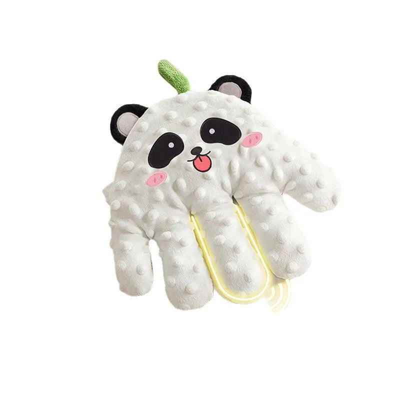 Electric pat shock big palm doll in cute panda style with remote control and charging cable on a neutral background
