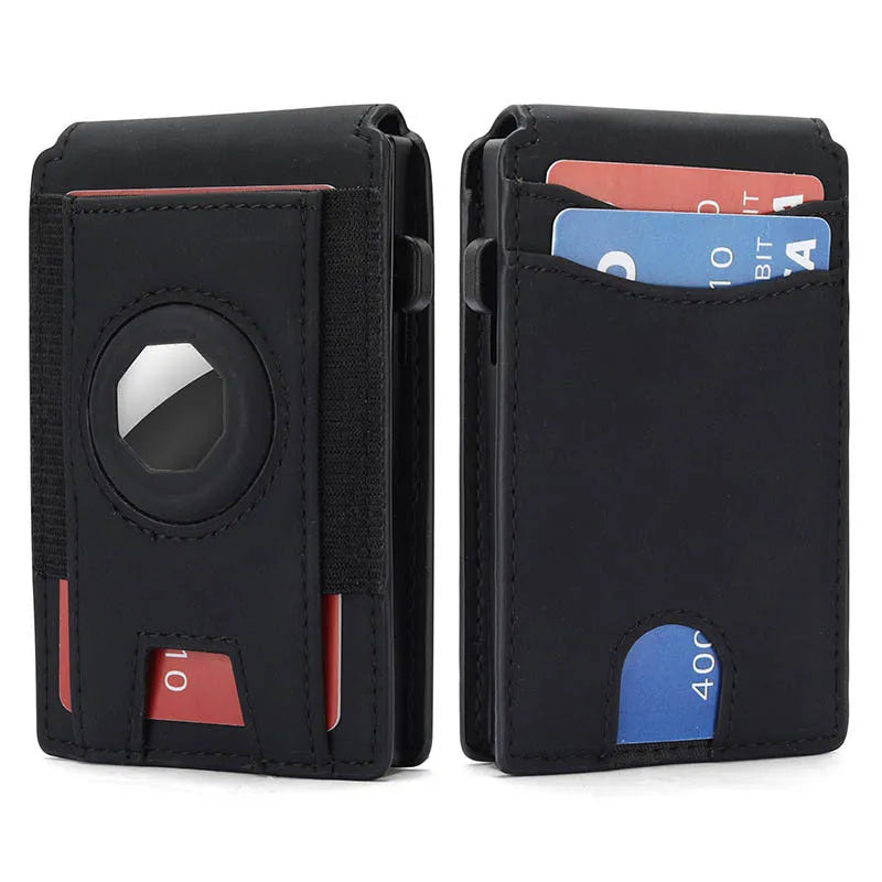 Men's slim RFID blocking card holder wallet in microfiber synthetic leather, shown in black, dark brown, and light brown.