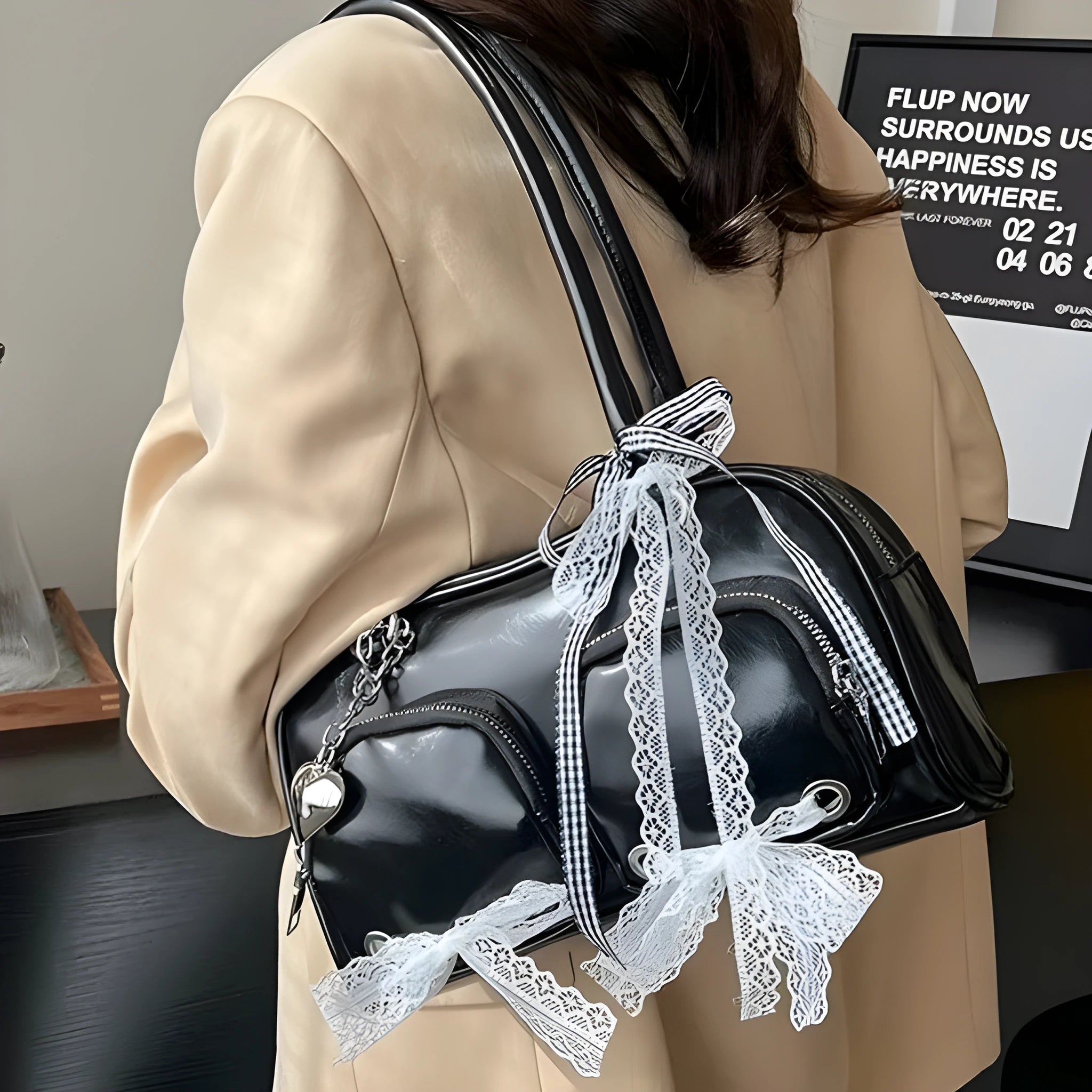 Women's beige PU leather casual shoulder bag with double straps and phone compartment