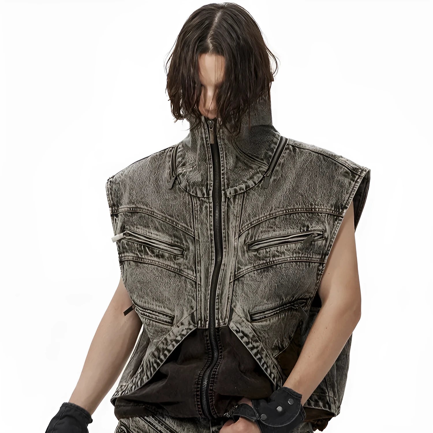Men's sleeveless denim vest jacket with zipper closure in youth pop style