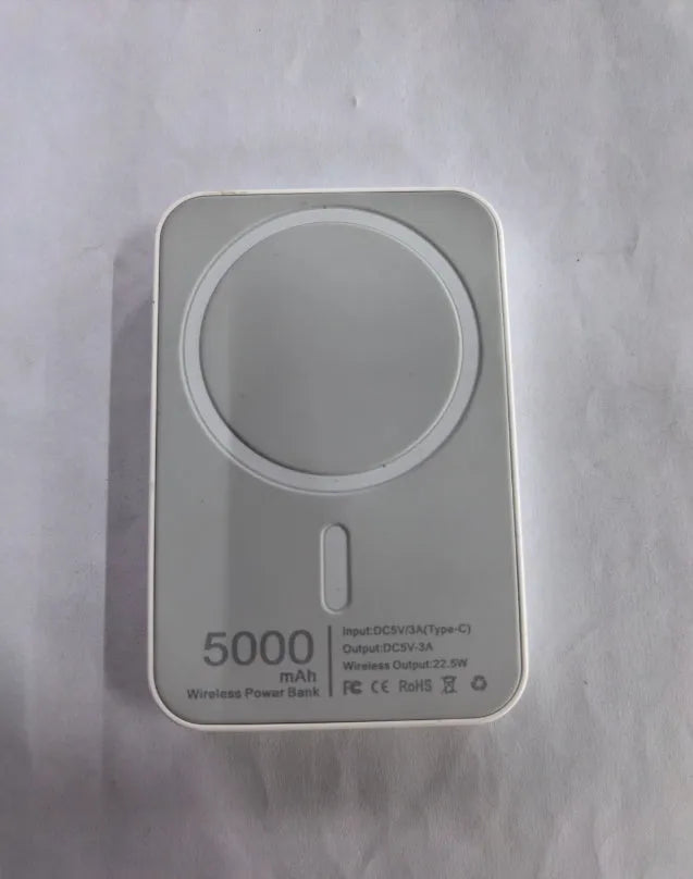 Magnetic wireless charging power bank in white PVC shell with 5000mAh capacity