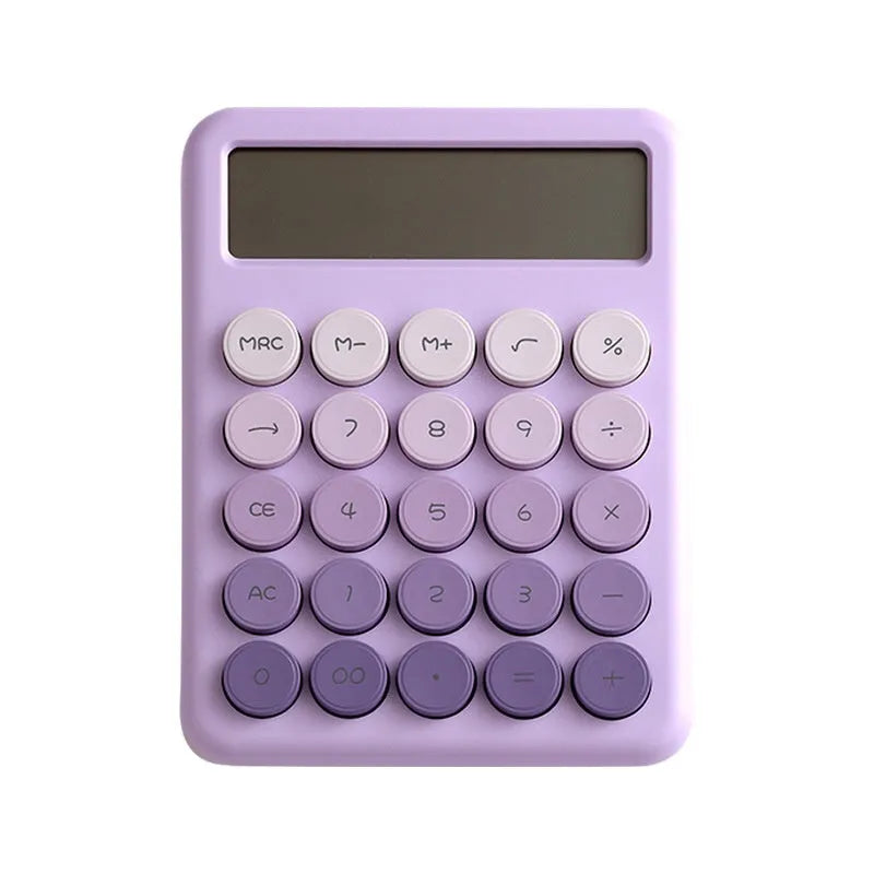 Dopamine gradient colour desk calculator in violet, pink, blue, and mint green on a desk.