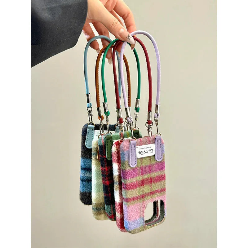 Fleece flannel plaid phone case with wristband for iPhone 13-16 series, half-pack embossed design