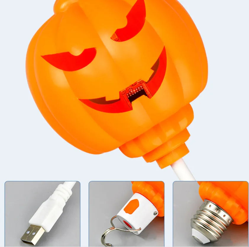 Plastic pumpkin-shaped decorative lamp with USB cable, showing purple or yellow light option.