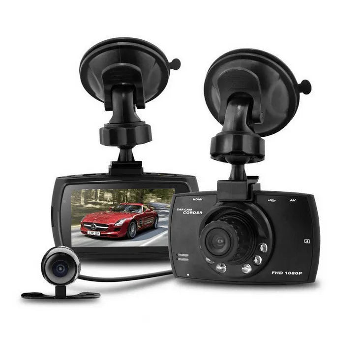 G30 HD car DVR dual camera system with front and rear lenses and a display screen for the vehicle.