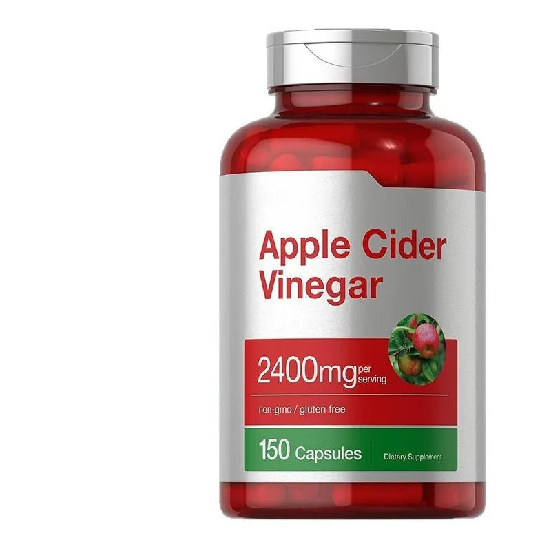 Bottle of 150 apple cider vinegar health supplement capsules on a white background.
