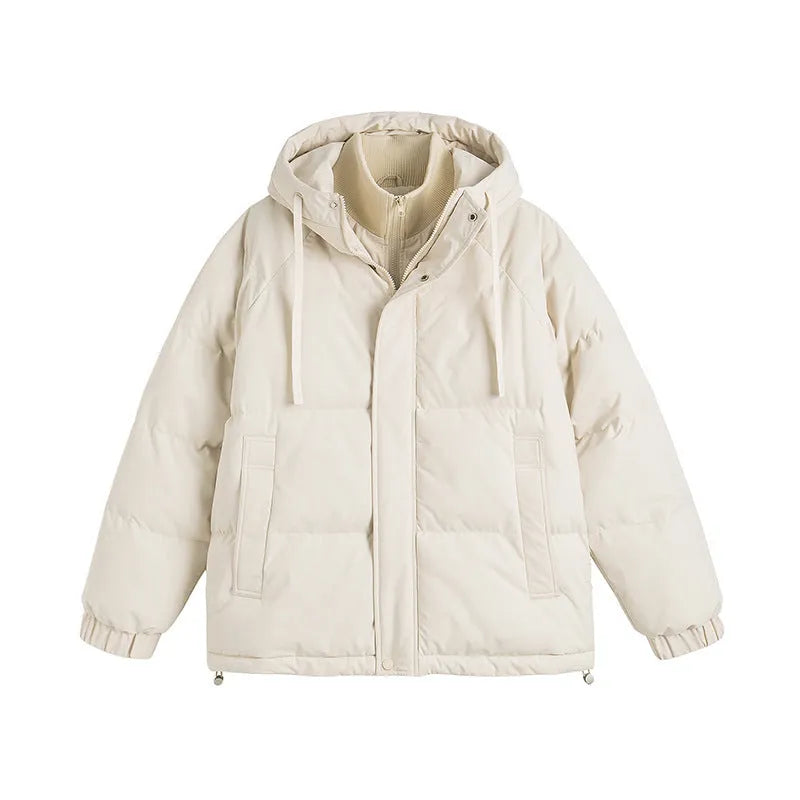 Loose winter cotton-padded coat in cardigan style with side seam pockets