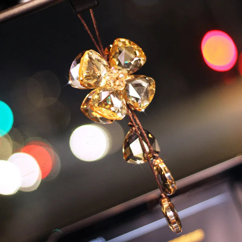 Crystal four leaf clover car pendant decoration measuring 20cm in transparent, champagne, black and shiny colours