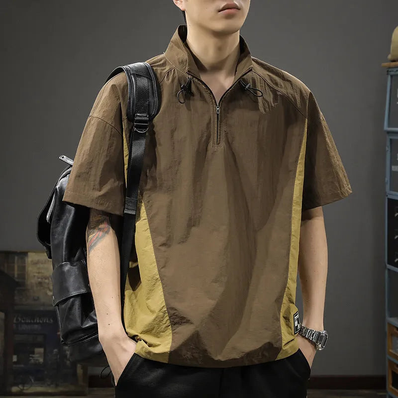 Brown men's casual business shirt with a half-zipped stand collar and short sleeves.