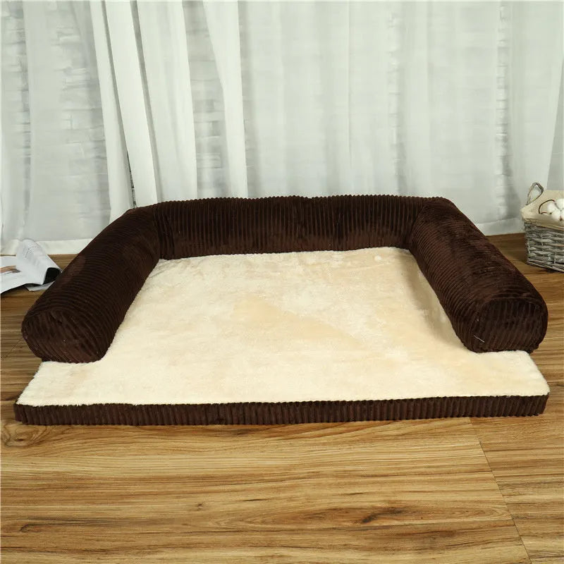 Corduroy pet sofa dog bed in grey colour with a non-slip base, shown in a medium size.