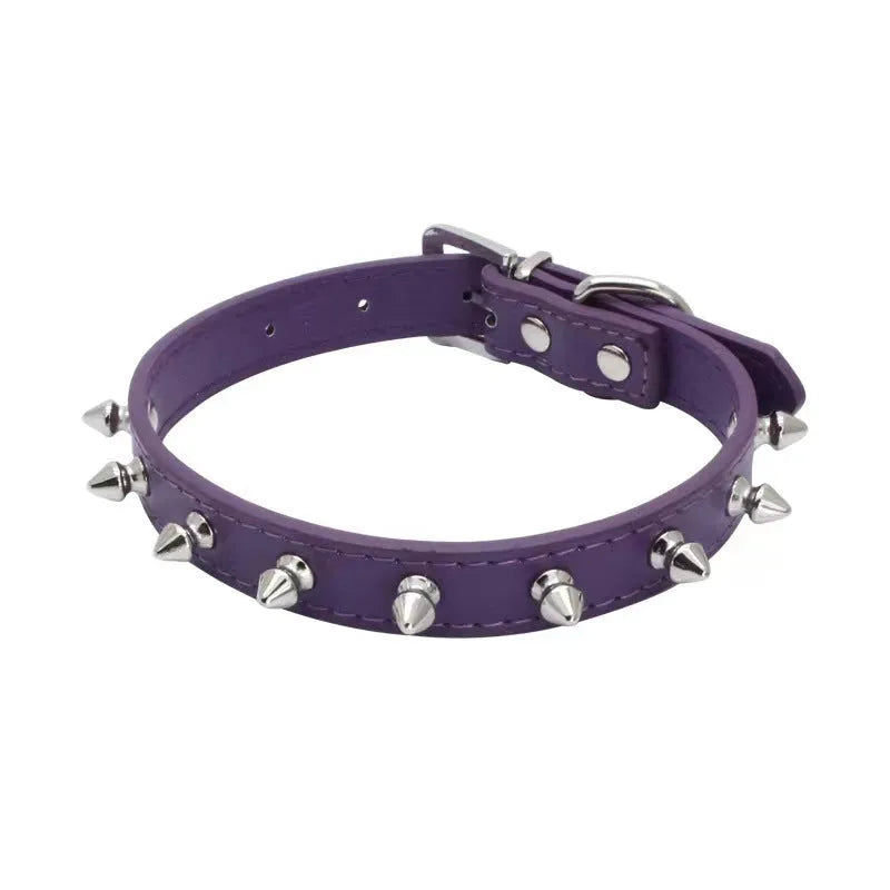 Studded PU leather dog collar in black with metal decorations and an alloy buckle.