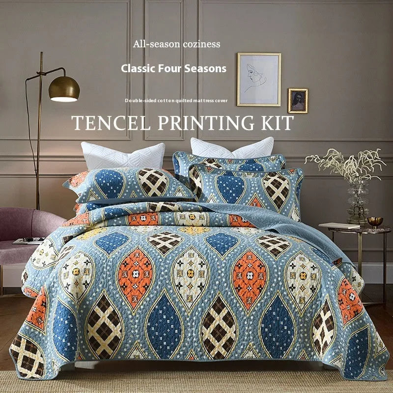 Quilted cotton bed cover set with pillowcases in American style pattern