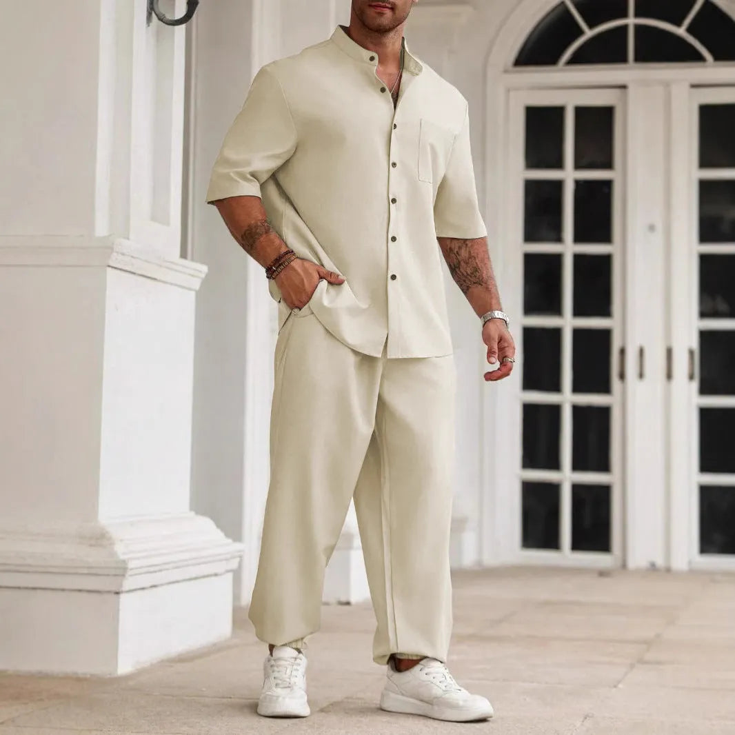 Men's casual cotton linen trouser set with short-sleeved shirt in black, grey, and apricot colours