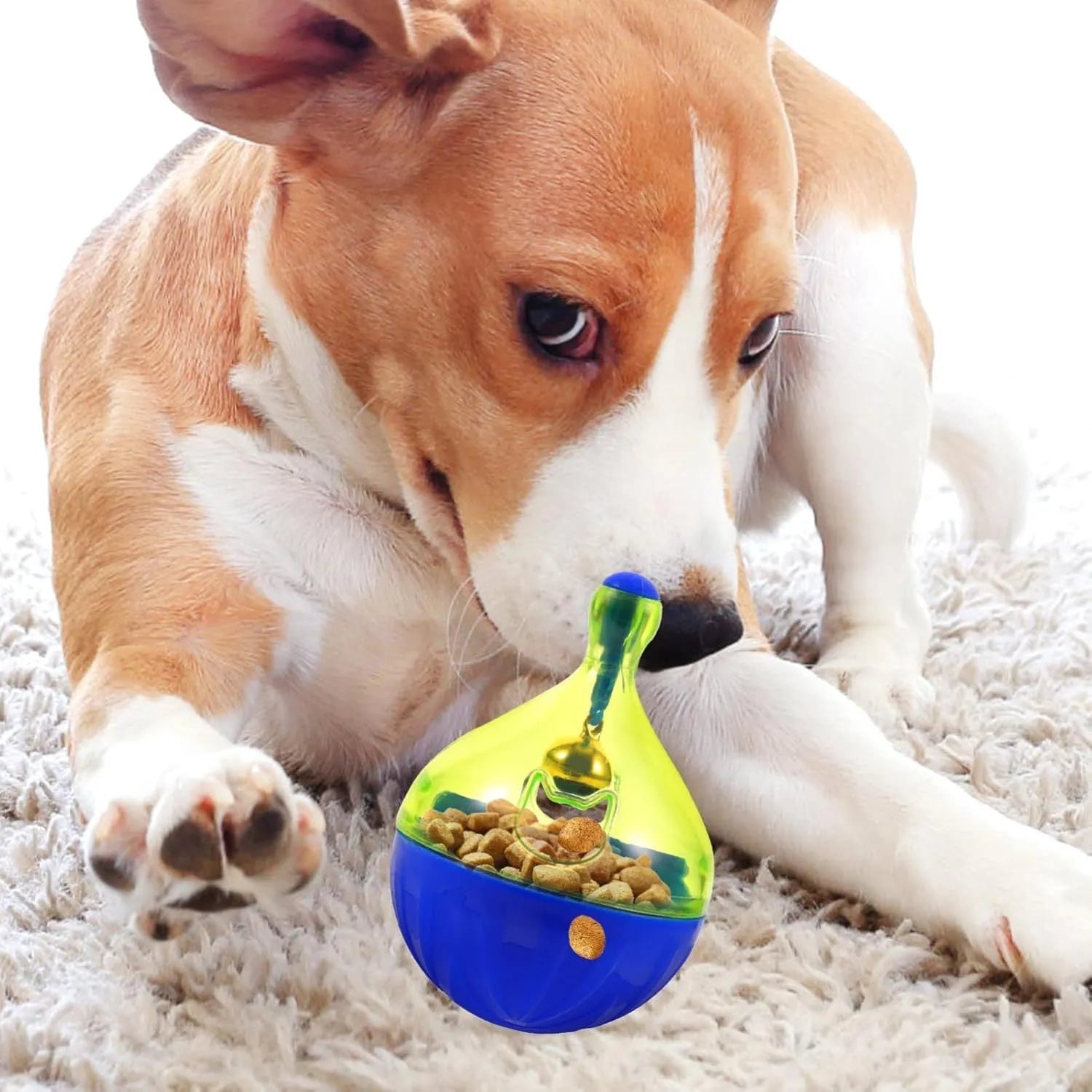 Tumbler-shaped pet treat dispenser ball for dogs and cats with dimensions 14x10x10cm