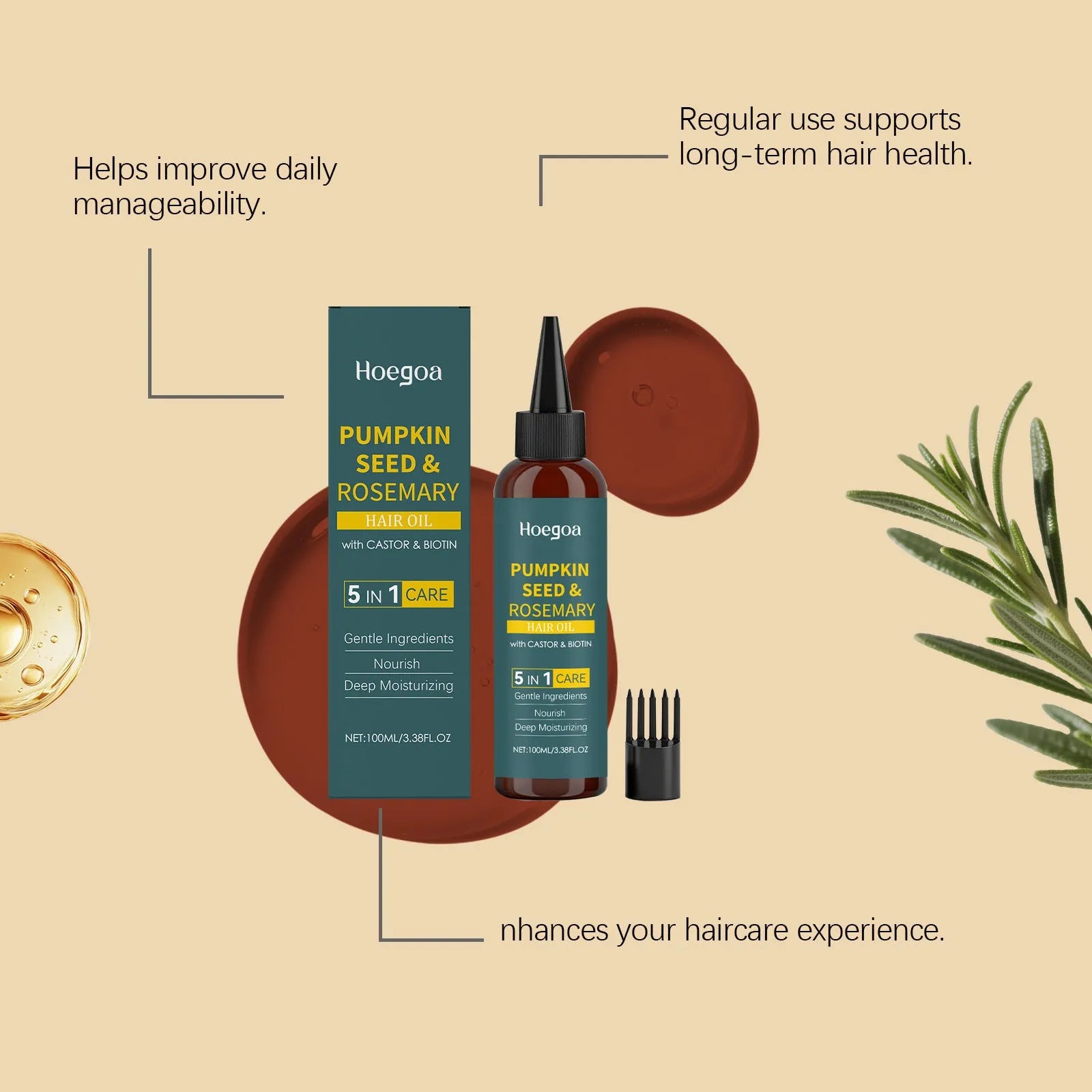 100ml rosemary hair care essential oil bottle with pointed nozzle and hair comb applicator
