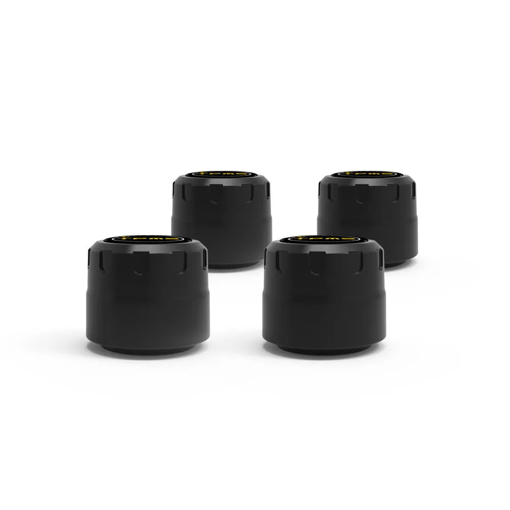 Black Bluetooth tyre pressure monitoring system kit with four external sensors, a wrench, and anti-theft screws on a white background