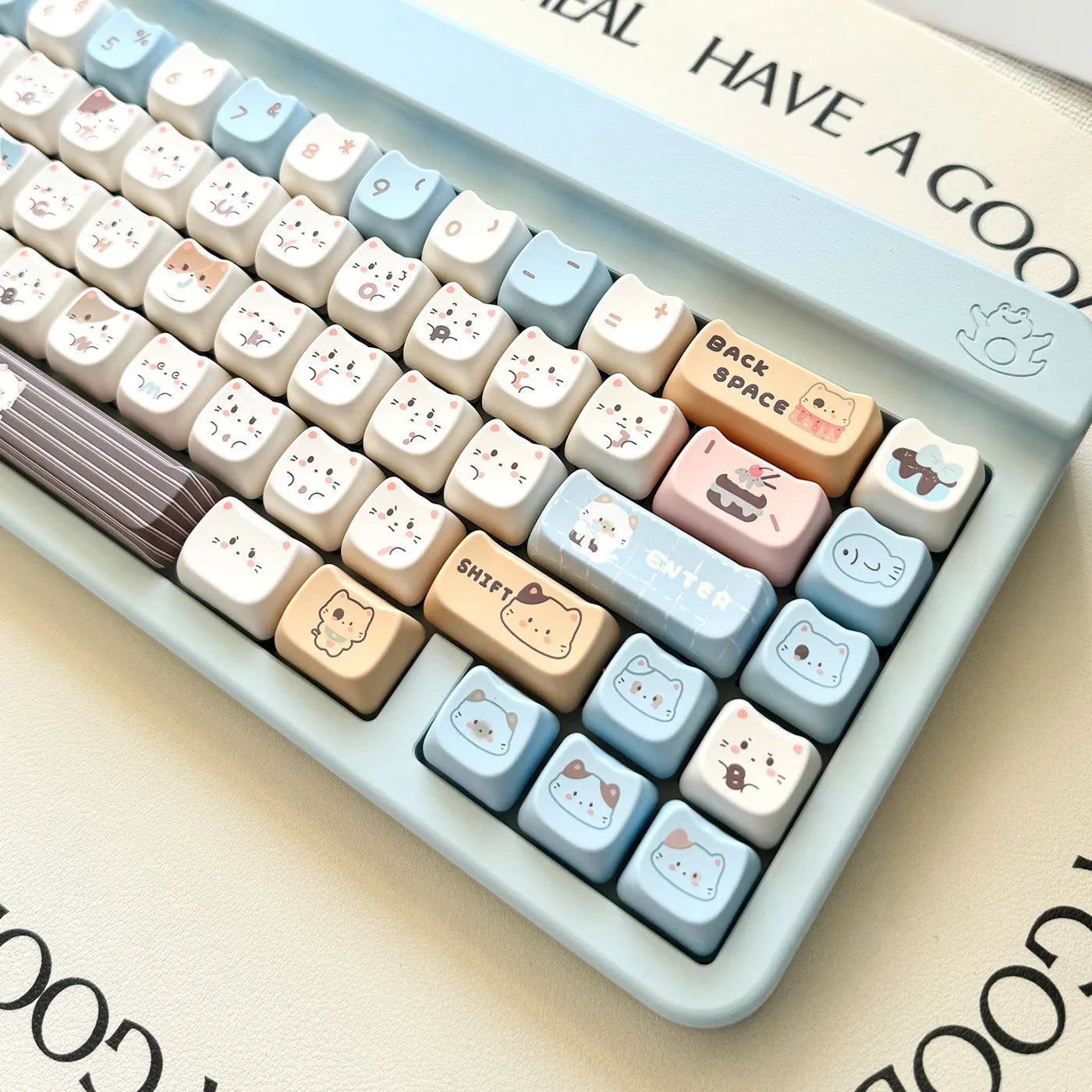 Sea Salt Cat PBT sublimation key cap set showing March past character design on mechanical keyboard