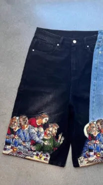 Men's blue cotton cargo shorts with Jesus print on back pocket showing tapered fit