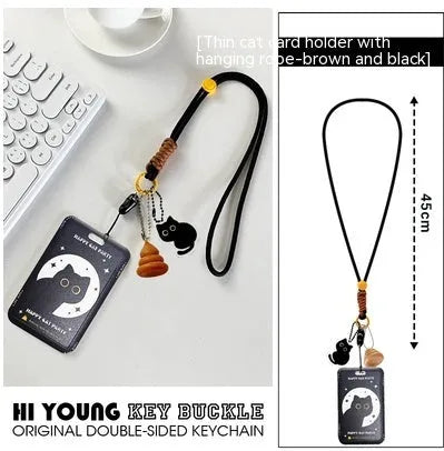 Cute little black cat cartoon design plastic card holder with metal pendant attachment.
