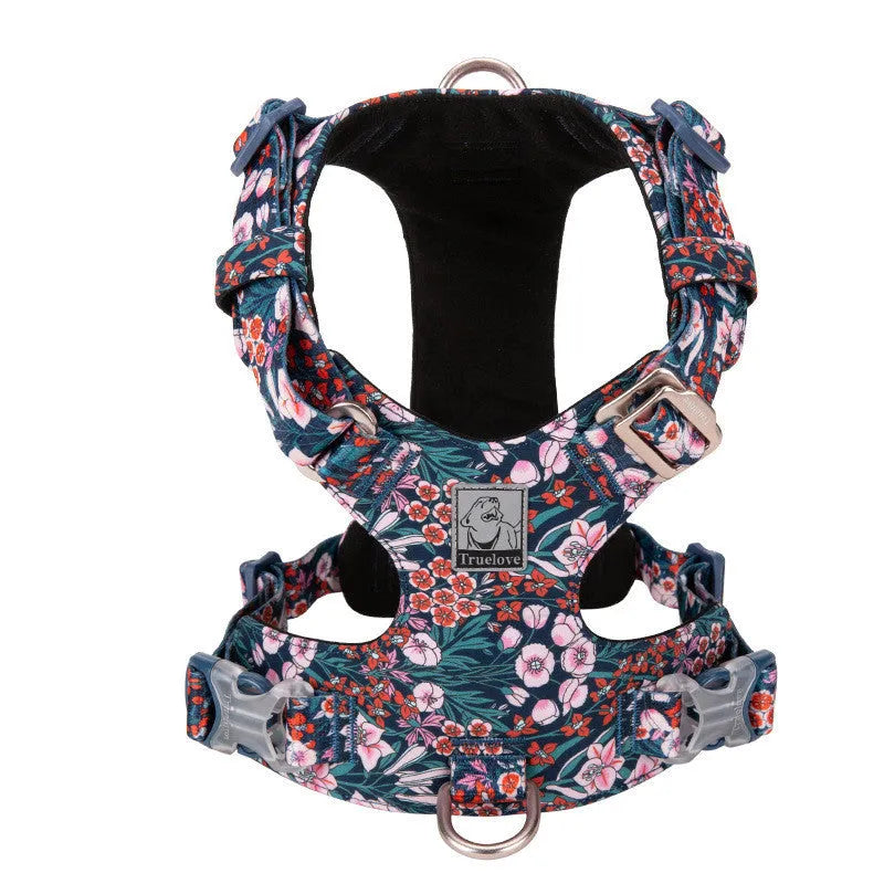Pure cotton pet chest strap harness in floral colours with adjustable sizing for dogs