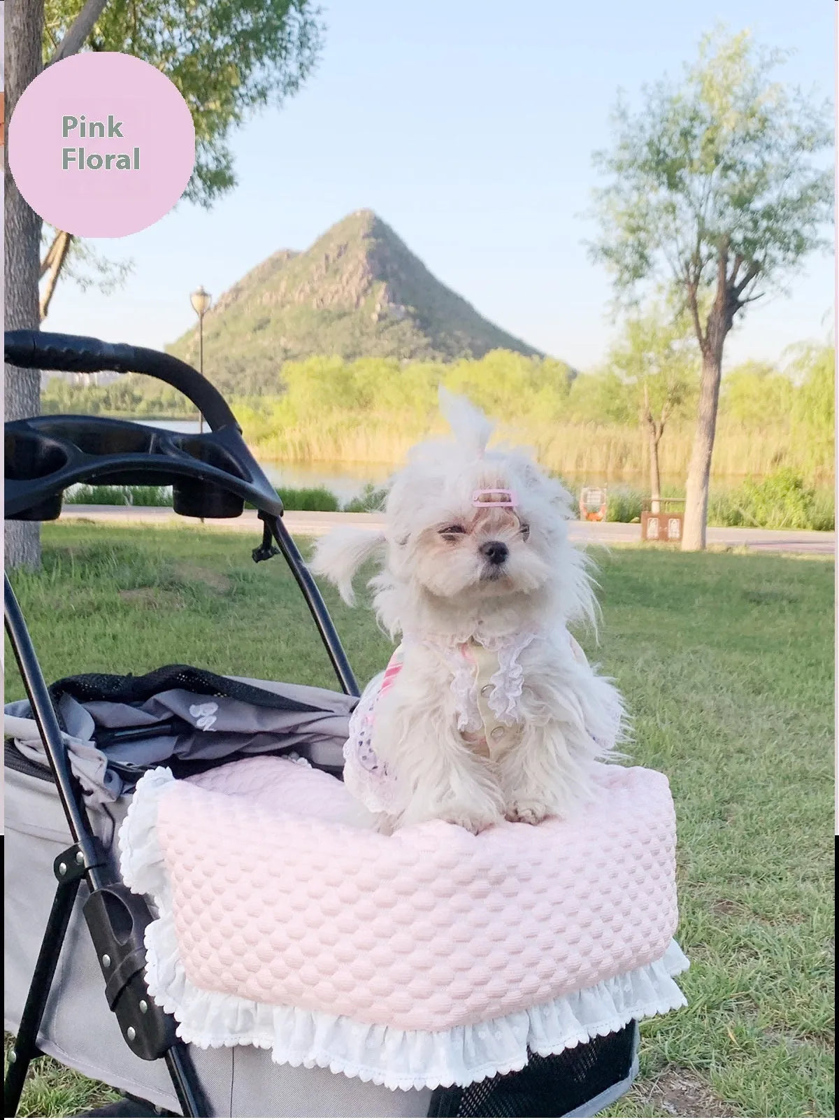 Pet stroller accessory set showing cotton anti-dirty towel, cushion, and pillow in a floral pattern.