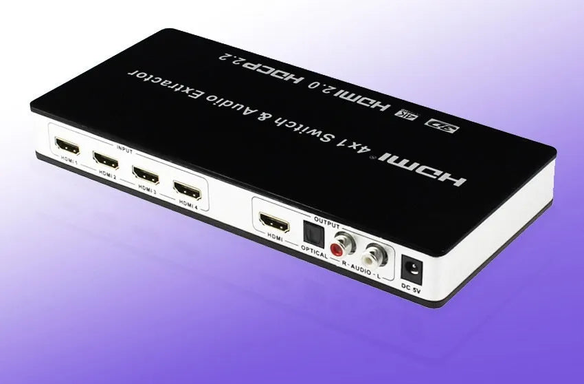 Black HDMI switch box with four input ports, one output port, remote control, and UK power adapter.