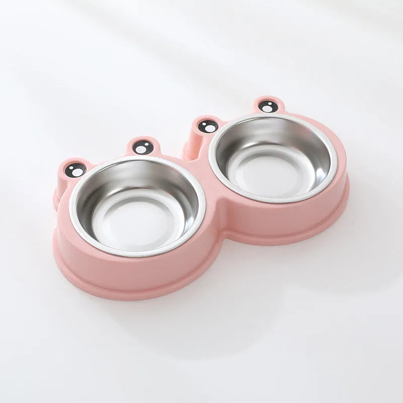 Stainless steel pet double bowl with frog design in blue, for food and water
