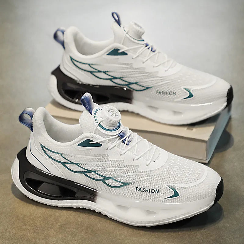 Men's low-top sneakers with a rotating button fastening, shown in light blue mesh and black leather options.