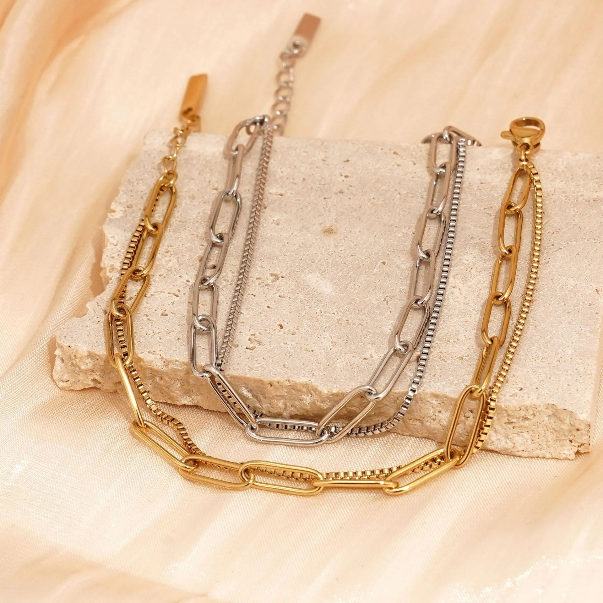 Double layer titanium steel bracelet with geometric shape and line pattern elements