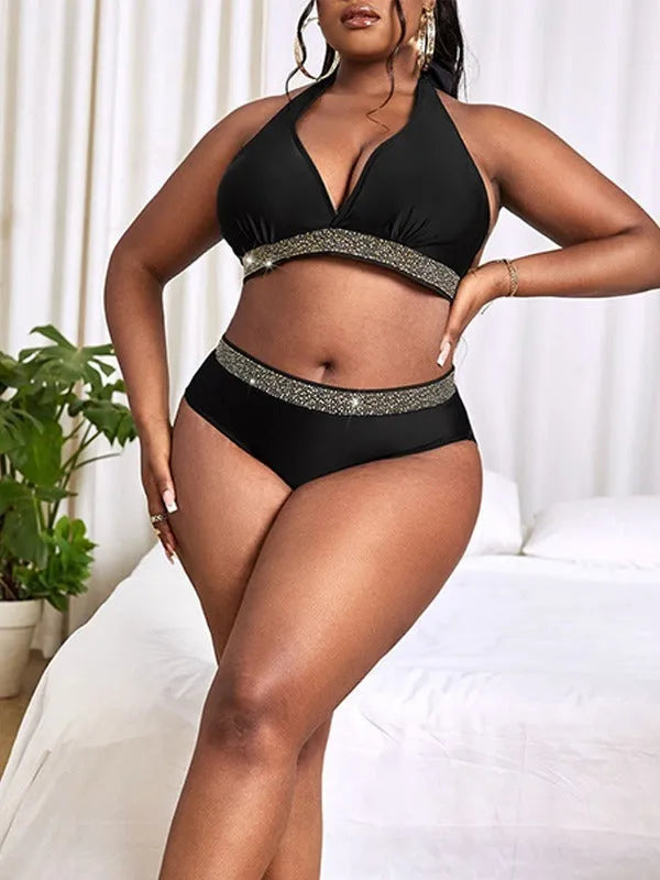 Black plus size women's bikini swimsuit with bra and shorts