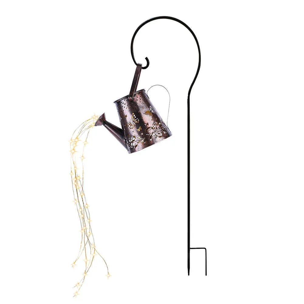 Iron solar garden lamp with tapered butterfly pattern and warm white LED lighting